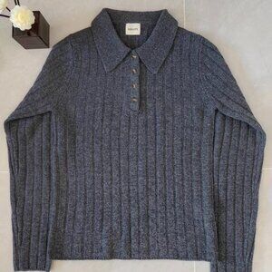 Khaite Gray Ribbed Polo Collar Sweater - Luxury Knit Top